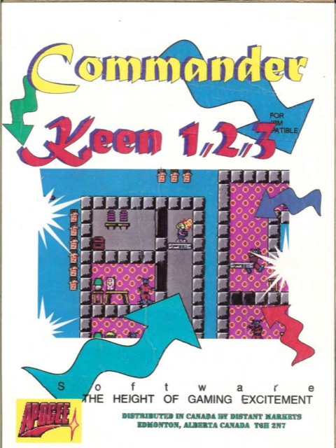 Commander Keen : jaquette originale Apogee de la compilation DOS Invasion of the Vorticons (épisodes 1 à 3), capture d'écran au centre et logo Apogee.