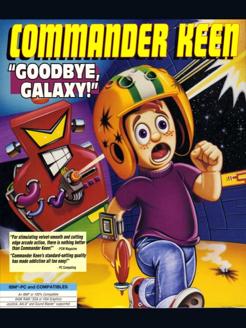 Commander Keen, Goodbye Galaxy : jaquette originale DOS de 1991, le garçon casqué fuit un robot rouge, mentions IBM PC, EGA/VGA et AdLib.