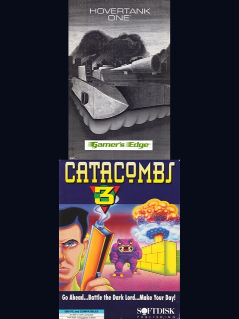 Hovertank 3D et Catacomb 3-D : jaquettes originales Gamer's Edge et Softdisk, char en lévitation en haut, sorcier et monstre en bas.