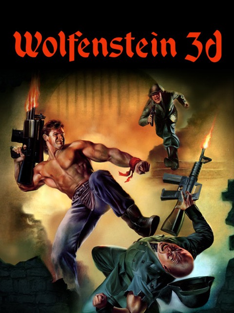 Wolfenstein 3D : jaquette originale, B.J. Blazkowicz mitraille des soldats dans un donjon de pierre.