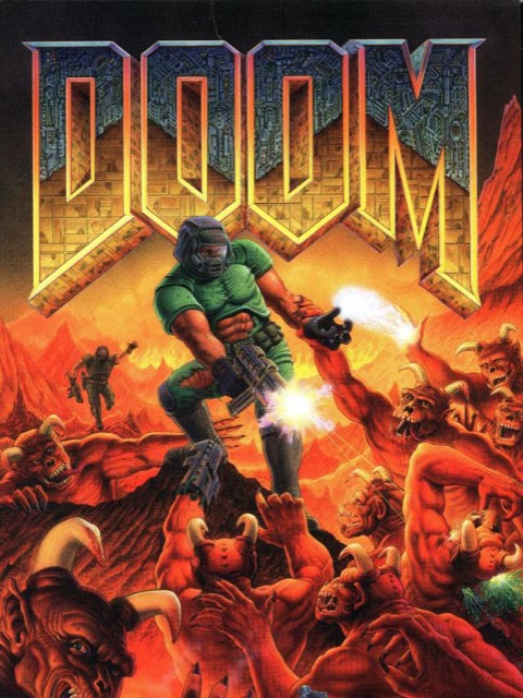 Doom : jaquette originale de 1993 par Don Ivan Punchatz, un marine vert assailli par une horde de démons sous le logo DOOM.