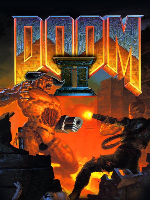 Doom II, Hell on Earth : jaquette originale, un marine de dos affronte le Cyberdemon dans une ville en flammes.