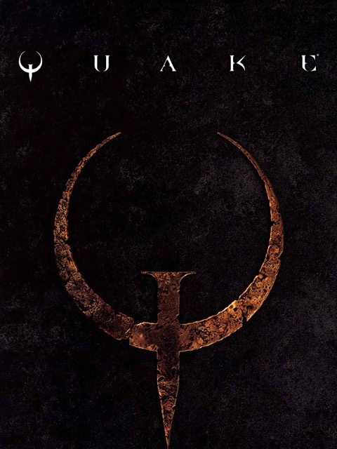 Quake : jaquette originale de 1996, le Q clouté cuivré sur fond sombre.