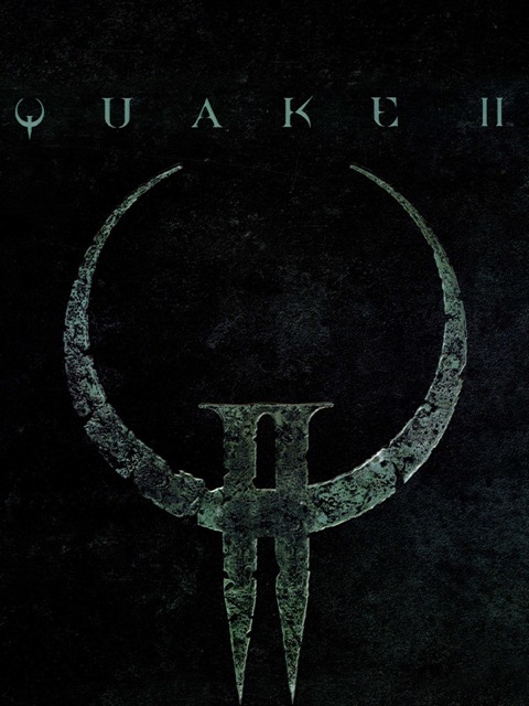 Quake II : jaquette originale, emblème vert oxydé du II sur fond de métal sombre.