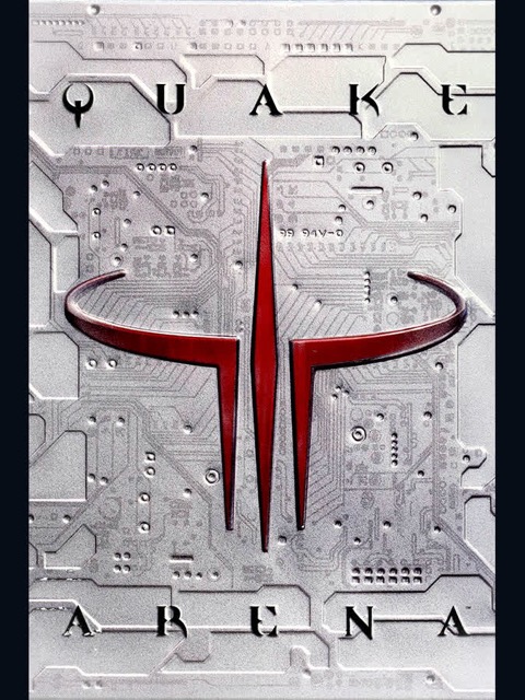 Quake III Arena : jaquette originale, logo rouge en trident sur un fond de circuit imprimé métallique.