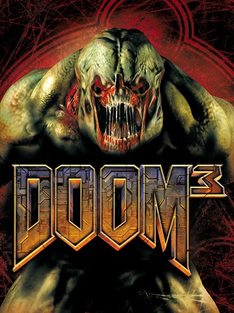 Doom 3 : jaquette originale, un Hellknight à la gueule ouverte derrière le logo DOOM 3.