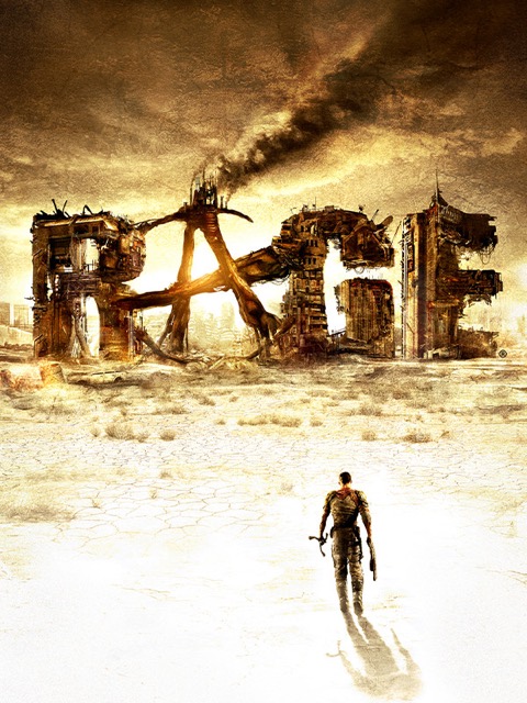 Rage : jaquette originale, un survivant de dos marche vers le mot RAGE formé de ruines dans le désert.