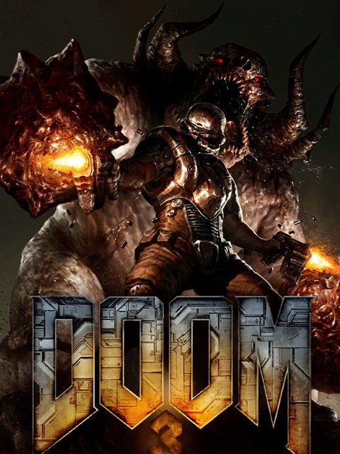 Doom 3 BFG Edition : jaquette originale, un marine en armure bronze tire au pistolet face à un démon cornu.